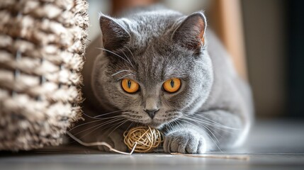Focused British Shorthair Cat Crouching and Staring Intently Indoors