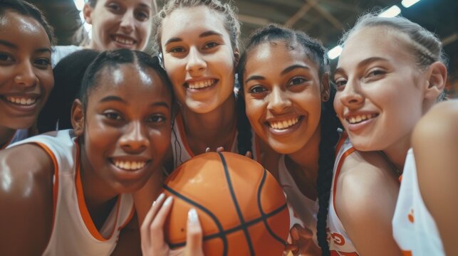 Closeup of smiling and happy female basketball players holding the ball together and looking at camera