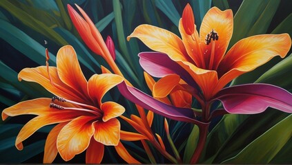 A close-up of a tropical flower with intense colors and sharp details in acrylic painting style.