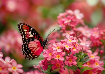 Naklejka premium Vibrant Monarch Butterfly Pollinating Pink Flowers in Lush Garden