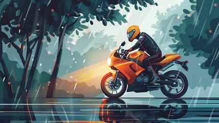 Stay safe on the road with these motorcycle riding rules and tips. Learn to avoid bad weather conditions, including riding on rainy and slippery roads. Utilize this flat vector illustration template t
