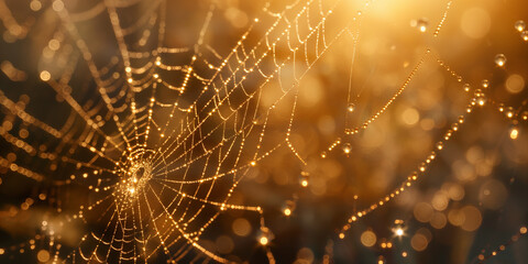 Spider web in close up with dew droplets and golden morning light. 