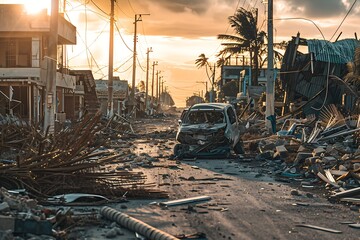 a post-hurricane street scene with debris and destroyed buildings, with a focus on a lone, damaged...