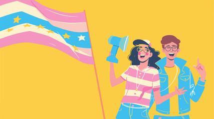 Young couple with transgender flag shouting on yellow