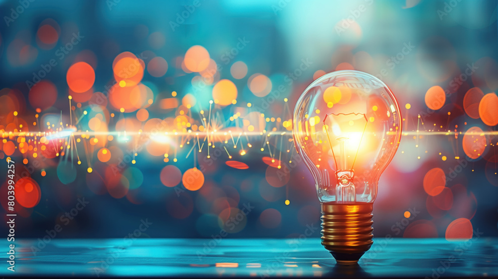Poster illuminated light bulb over a vibrant bokeh background symbolizing ideas and innovation.