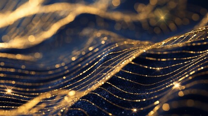 A close-up of shimmering, gold foil lines intricately woven against a deep, navy blue background.