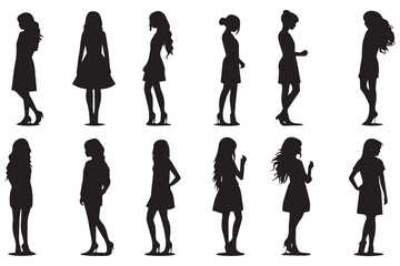 set of Black silhouette dancer girl white background