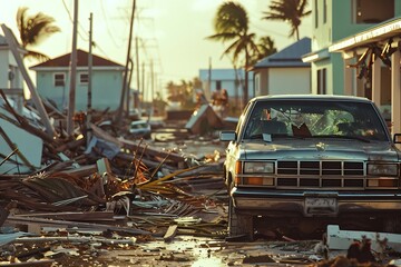 a post-hurricane street scene with debris and destroyed buildings, with a focus on a lone, damaged vehicle in the foreground.