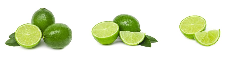 Set of images Collection of fresh green lemons and lime leaves placed isolated on white background.
