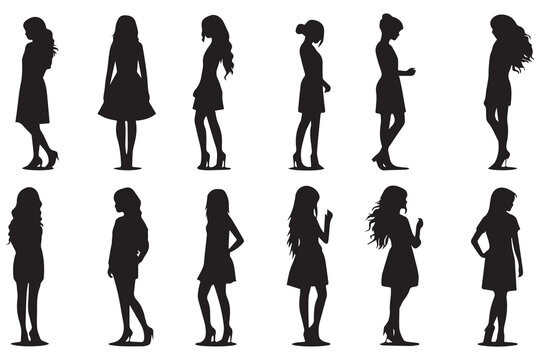 set of Black silhouette dancer girl white background