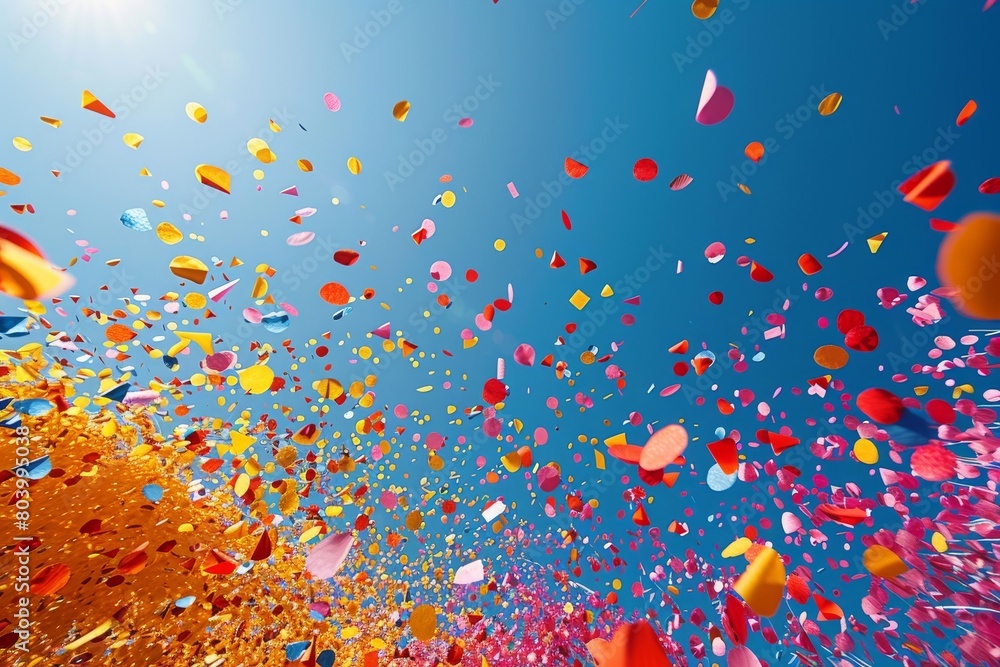 Poster an image capturing a vibrant explosion of multicolored confetti against a clear blue sky, creating a