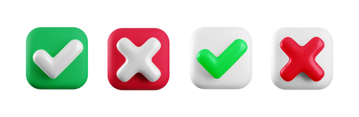 Vector 3d checkmarks icon set. Square glossy red, green and white yes tick and no cross buttons isolated on white background. Check mark and X symbol in square shape realistic 3d render.