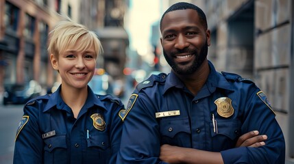 Diverse Police Partners on Patrol in the City. Friendly Male and Female Officers Smiling. Community Policing and Public Safety. AI