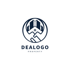 Real estate icon illustration with hand shake symbol for property deal logo design