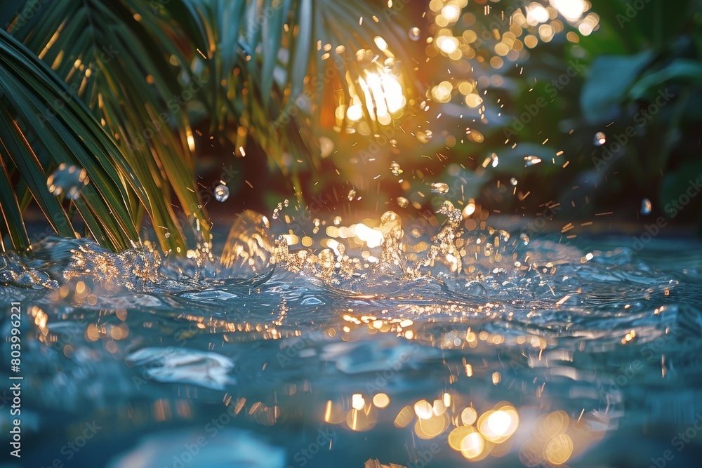 Poster sun setting scene reflecting on water splashes with glimmering bokeh, surrounded by palm leaves