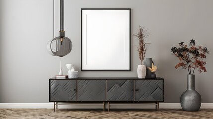 Interior of modern living room with wooden sideboard over white wall. Contemporary room with dresser. Marble flooring. Home design with pendant lights and mock up poster frame.