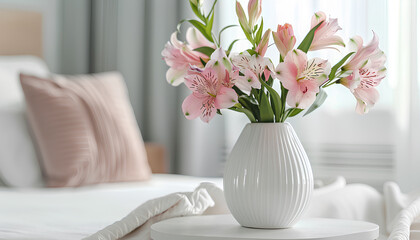 Vase with beautiful alstroemeria flowers and decor on bedside table in bedroom