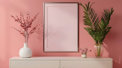 Interior of modern living room with wooden sideboard over white wall. Contemporary room with dresser. Marble flooring. Home design with pendant lights and mock up poster frame.