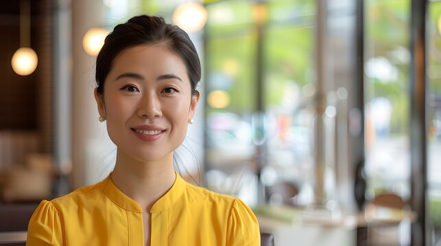 Warm Smile of a Professional Woman in a Yellow Blouse, Casual Business Style Indoors. Perfect for Corporate Profiles and Marketing. AI