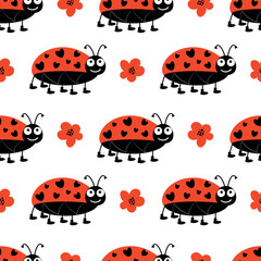 Ladybug on a transparent background with hand-drawn flowers. Seamless pattern of cute cartoon insect