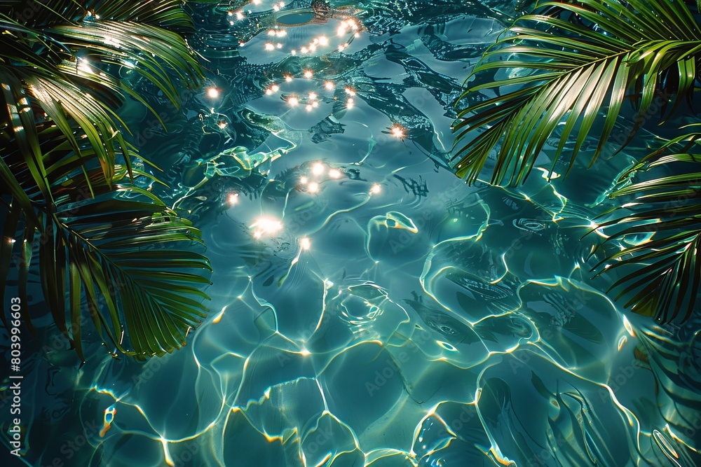 Poster lush palm leaves frame a shimmering swimming pool with sunbeams creating a dazzling light pattern on