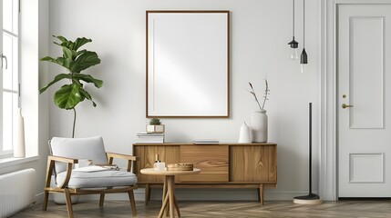 Interior of modern living room with wooden sideboard over white wall. Contemporary room with dresser. Marble flooring. Home design with pendant lights and mock up poster frame.