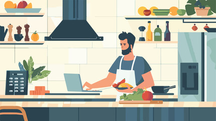 Young man with laptop frying vegetables in kitchen Vector