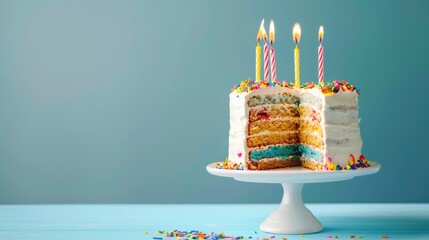 Festive Birthday Cake on Table with Blue Background