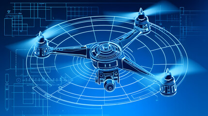 spiral shaped drone technology blueprint on blue background simplified uav design