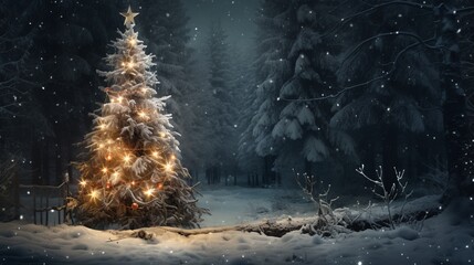 A decorated Christmas tree in a forest in winter