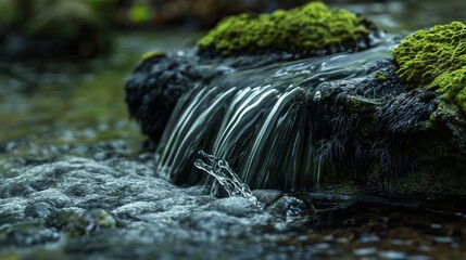 A close-up of water flowing over a dark, moss-covered rock in a forest stream, the smooth lines of water contrasting with the rough texture of the moss.