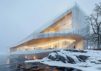 Modern three-floor architecture and design museum illuminated at dusk, reflecting on the water's surface, against a foggy winter backdrop