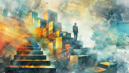 A painting of a man walking up a set of stairs