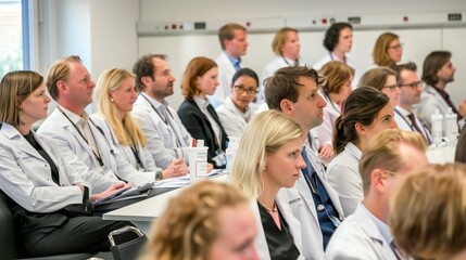 Female and male doctors facilitating a Q&A session at a healthcare seminar, addressing queries from engaged medical teams.