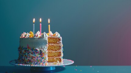 Festive Birthday Cake on Table with Blue Background