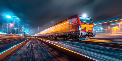 Dynamic long exposure captures a high-speed freight train illuminating the tracks in a vibrant, futuristic urban environment at night