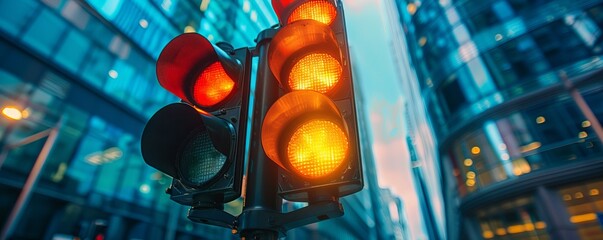 Traffic light in a modern financial area in the city of Madrid in Spain