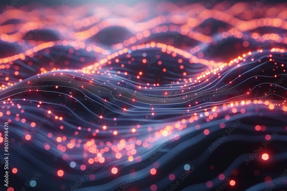 Poster an artistic digital creation of a flowing wave pattern with glowing red particles, depicting motion 