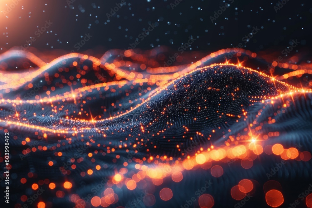 Poster dynamic digital artwork portraying red glowing particle waves on a dark background, signifying data 