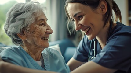Obraz premium Elderly Woman Smiles at Caregiver in Warm Setting. Emotional Bond and Care Concept. Human Moments Captured in Soft Light. AI
