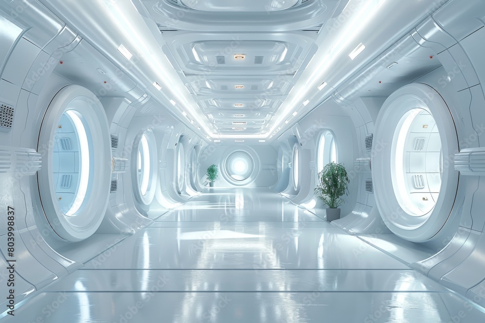 Poster a visually captivating image displaying a futuristic corridor inside a space station with a sleek de