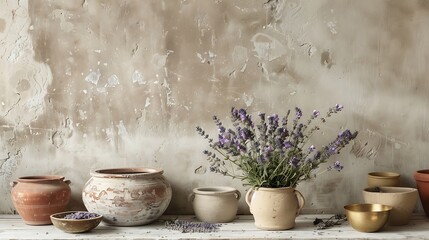 an array of lavender sprigs loosely arranged on a pale wooden surface. Include various earthenware pots with a worn textur