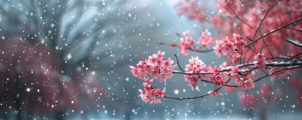 Snow falling on a spring blossom tree