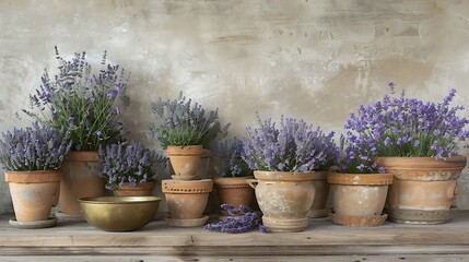 an array of lavender sprigs loosely arranged on a pale wooden surface. Include various earthenware pots with a worn textur
