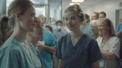 Obraz premium Healthcare workers actively engaging with female and male doctors during a conference session focused on evidence-based medicine.