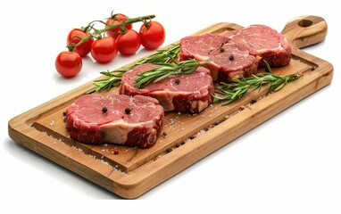 Fototapeta premium Fresh steak cuts ready for the grill with herbs and tomatoes on the side