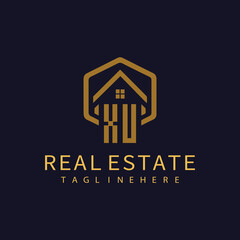 XU initial monogram logo for real estate with home shape creative design.