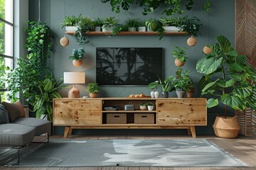 Trendy entertainment area blending wooden elements with a profusion of green plants for a fresh look