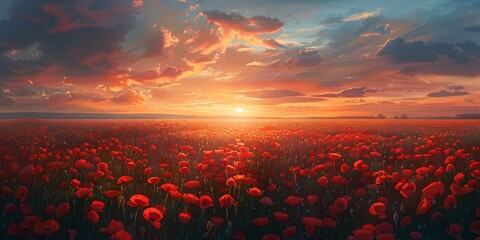 Breathtaking landscape of a poppy field at sunset with the sun dipping low on the horizon, casting a warm glow over the vibrant red flowers