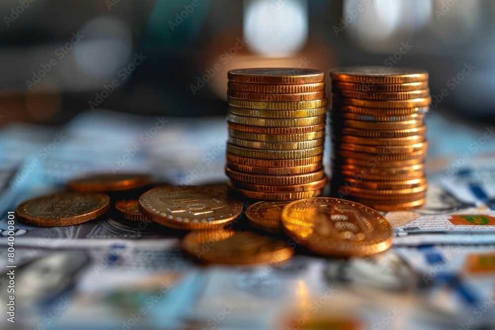 Poster shallow depth of field image featuring stacks of coins on a blurred background of currency bills, sy